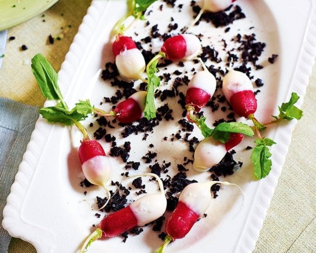 Buttered radishes with olive crumbs