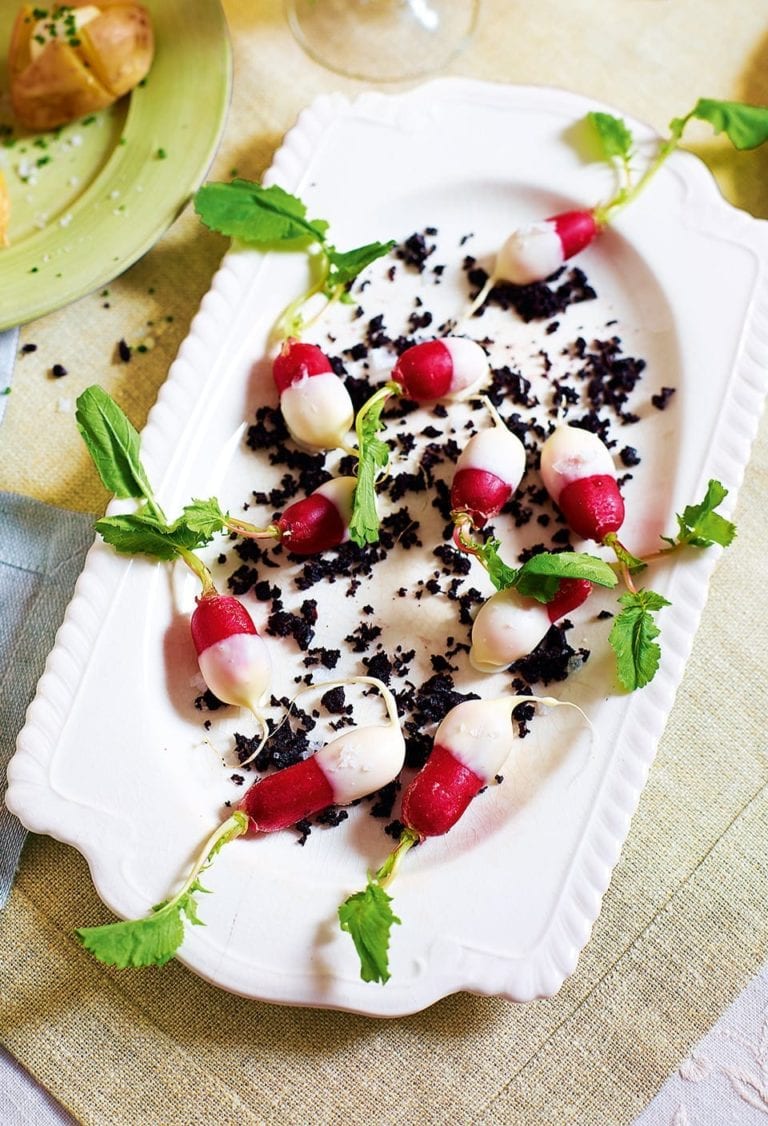 Buttered radishes with olive crumbs