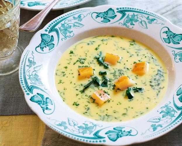 Smoked haddock soup with fresh herbs and spinach