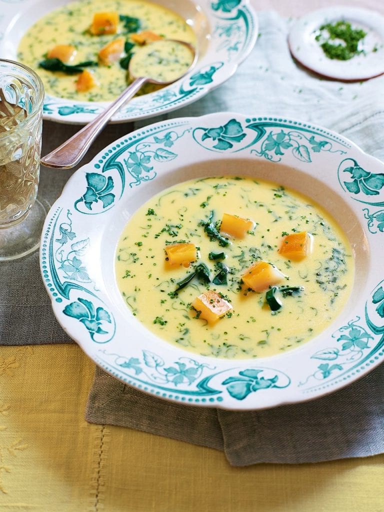 Smoked haddock soup with fresh herbs and spinach