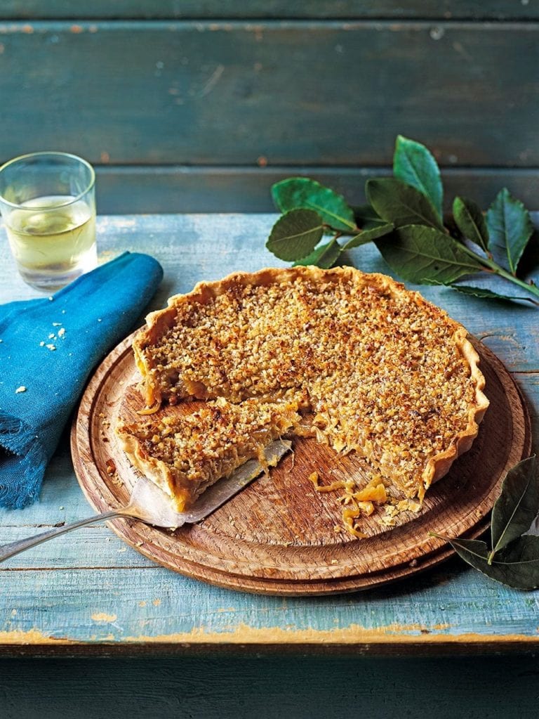 Caramelised onion tart with walnut and parmesan crust