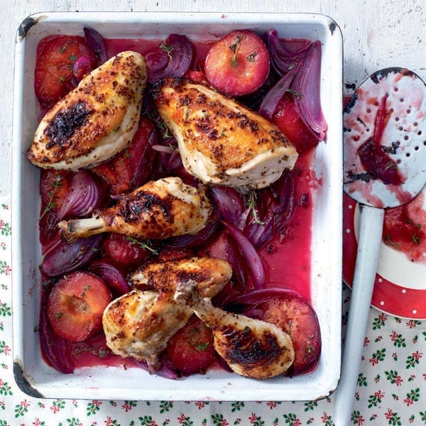 Roast chicken legs and plums