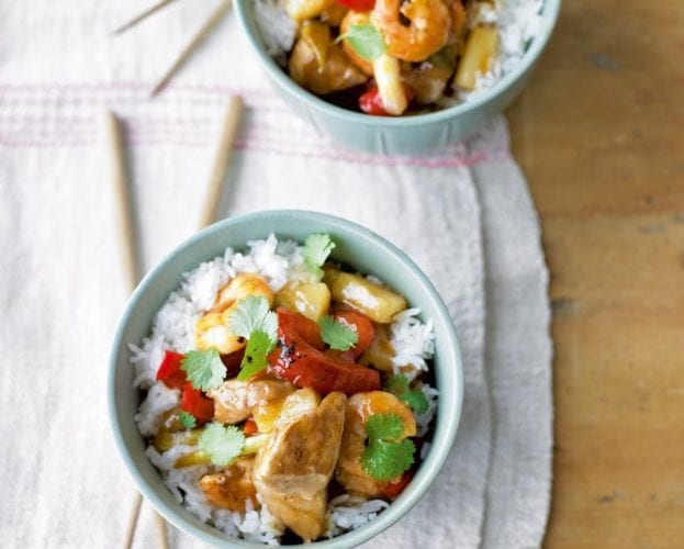 Sweet and sour pork and prawns with jasmine rice