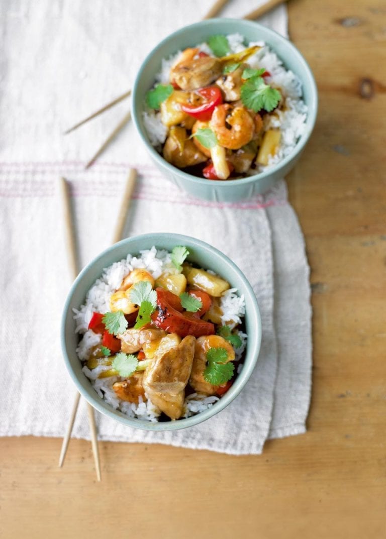 Sweet and sour pork and prawns with jasmine rice