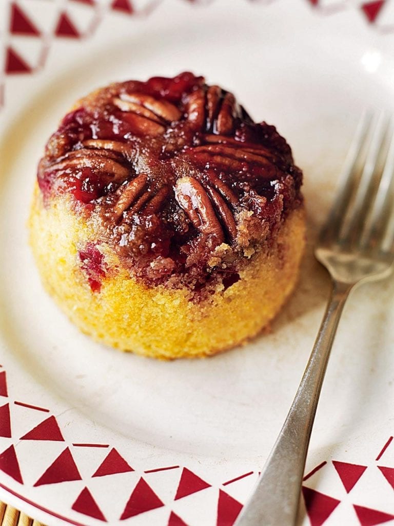 Upside-down cranberry and pecan puddings with orange créme anglaise