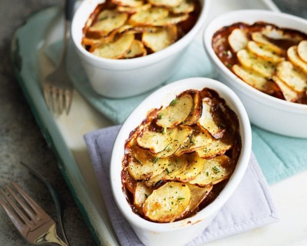 Lamb shank hotpot pie with pickled red cabbage