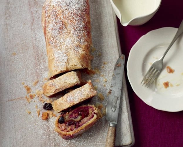 Apple strudel on a chopping board