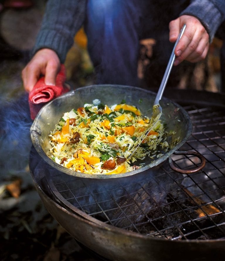 Fried rice with butternut squash, chestnuts and chard