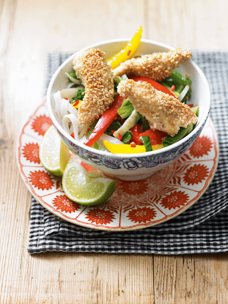 Sesame seed crusted chicken stir-fry