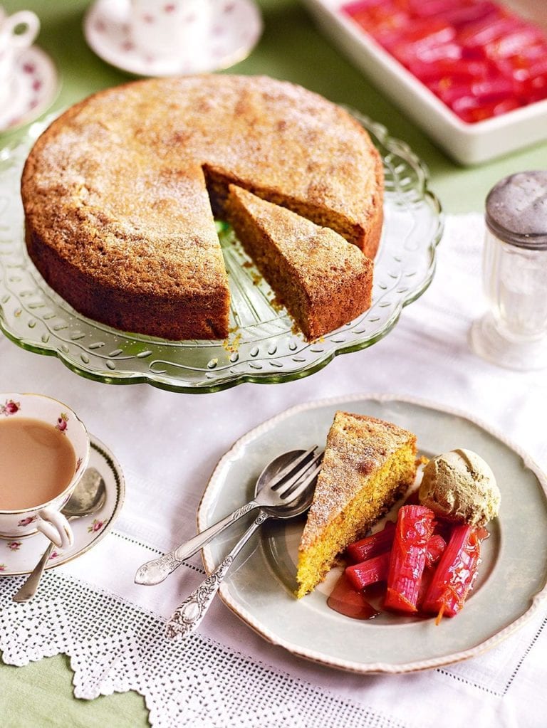 Roast rhubarb with pistachio cake