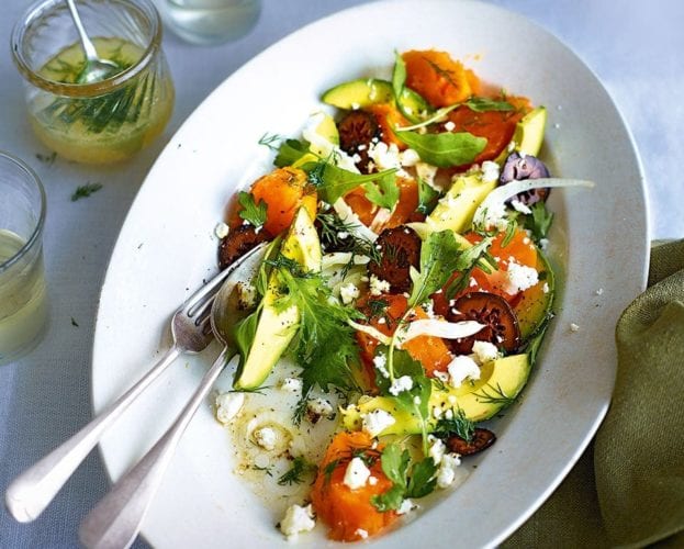 Sweet potato, chickpea and feta salad with tahini dressing