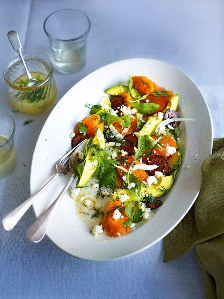 Sweet potato salad with avocado, feta and pickled walnuts