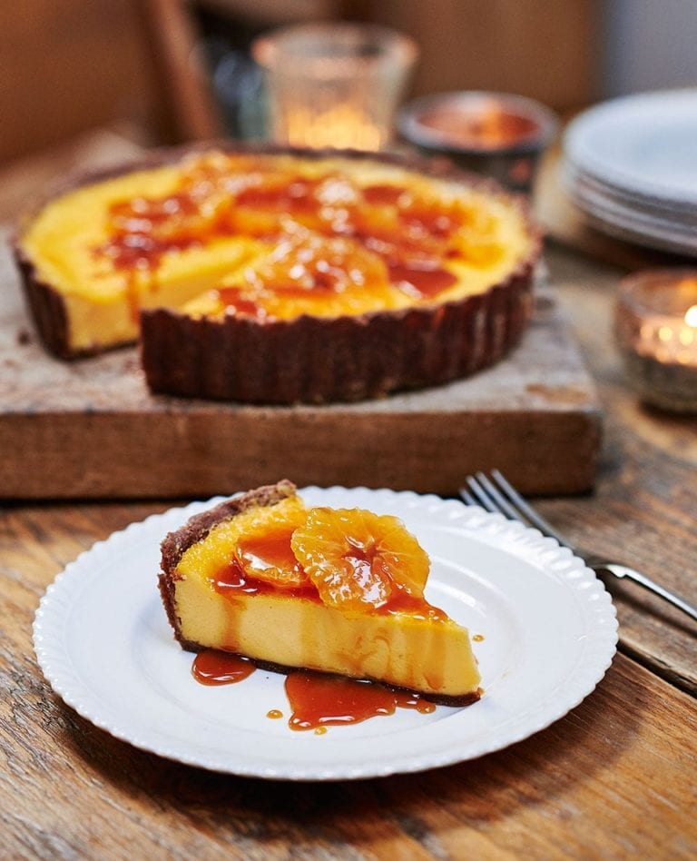 Chocolate and orange custard tart with caramel