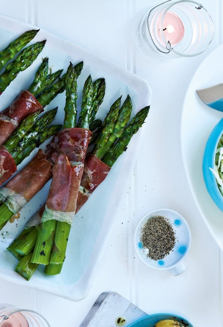 Roasted asparagus wrapped in Parma ham