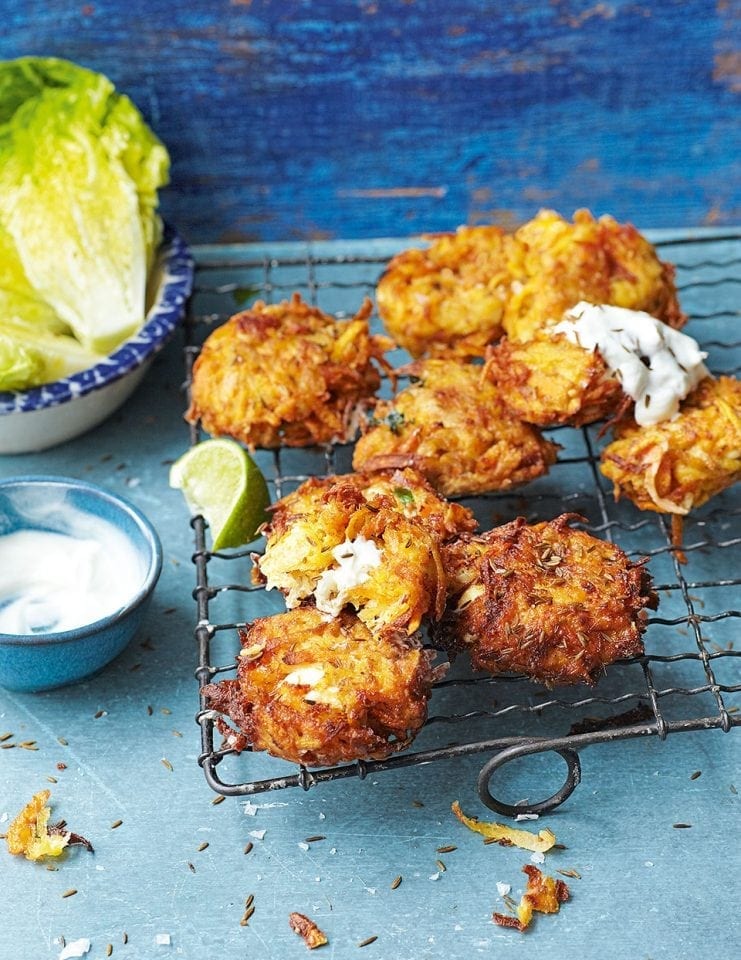 Carrot, sweet potato and feta fritters