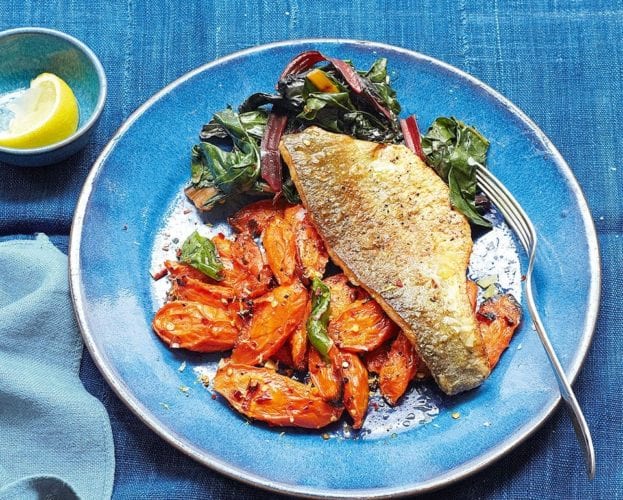 Pan-fried fish, spicy carrots and preserved lemon