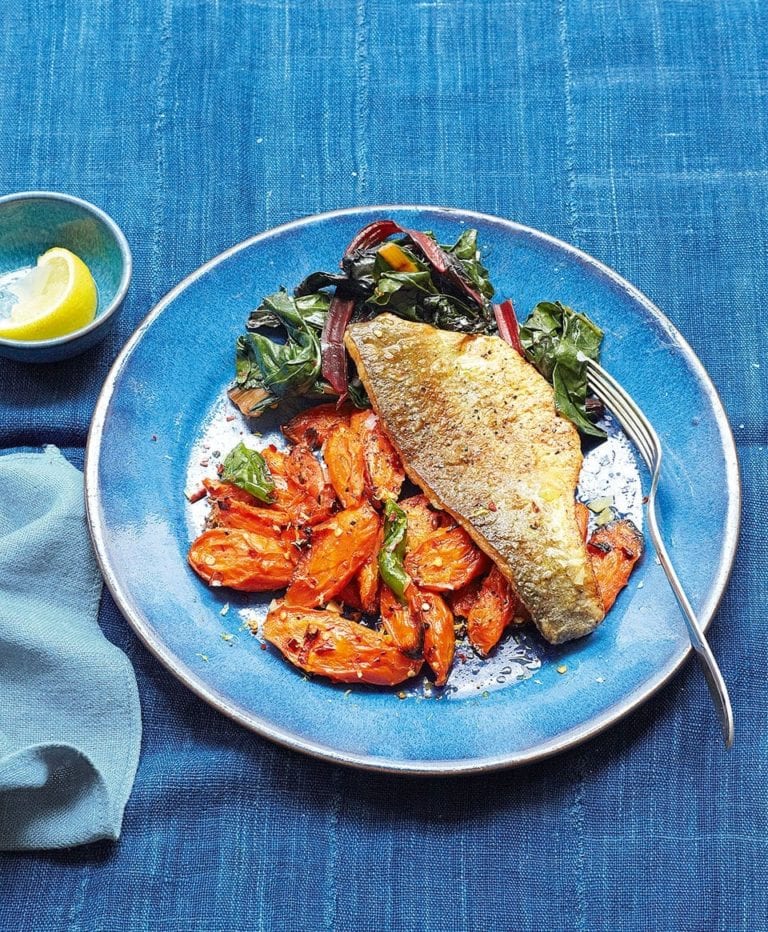 Pan-fried fish, spicy carrots and preserved lemon