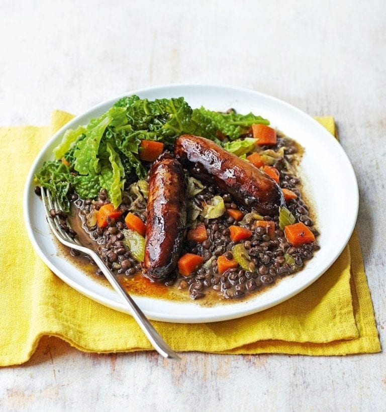 Balsamic sausages with puy lentils