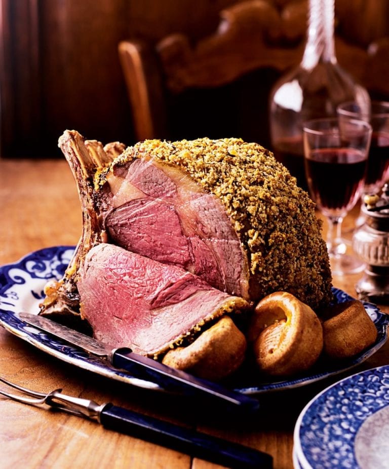 Mustard and thyme-crusted rib of beef
