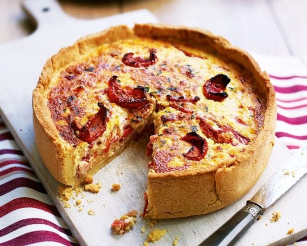 Cheddar quiche with smoked bacon, onion and roasted red pepper