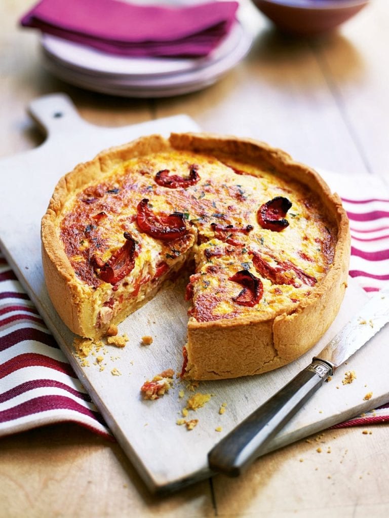 Cheddar quiche with smoked bacon, onion and roasted red pepper