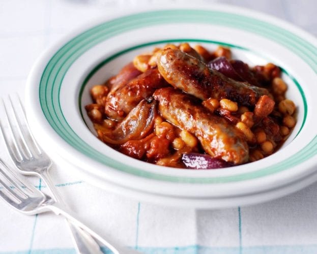 Roasted sausage casserole and beans
