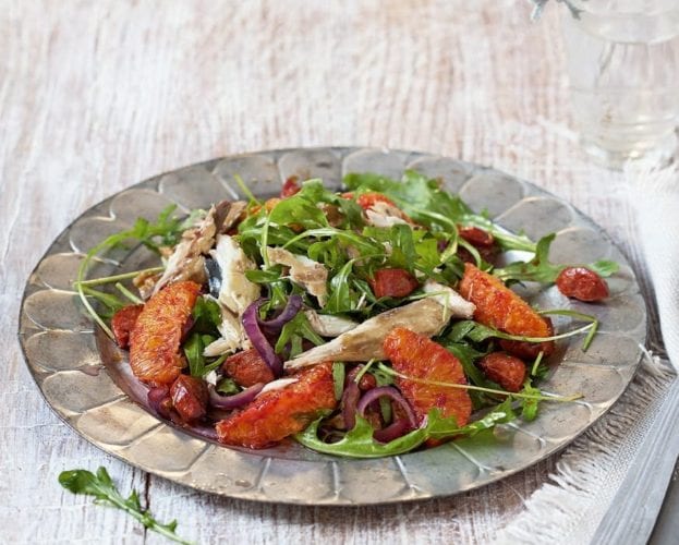 Grilled mackerel salad with miso dressing