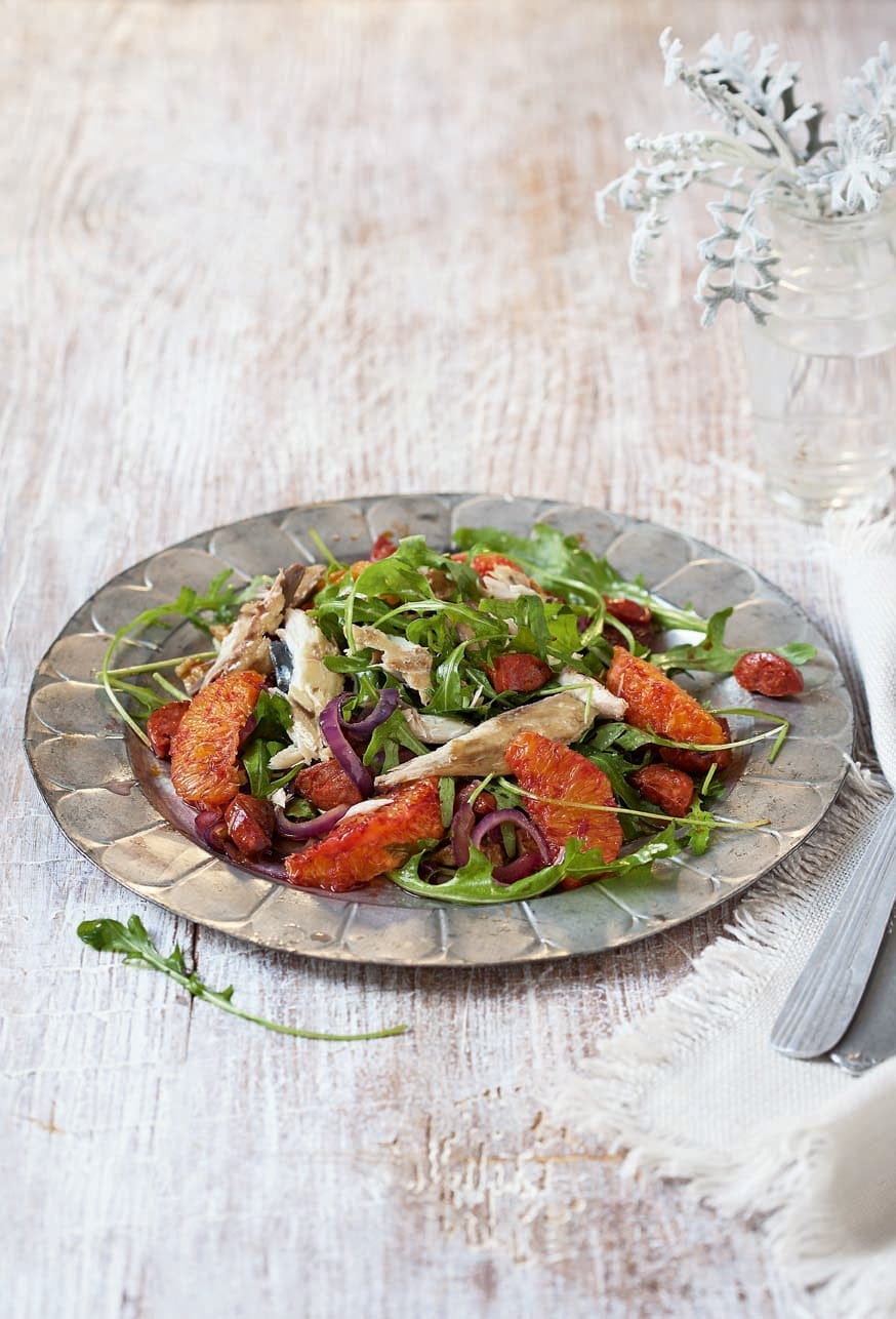 Mackerel, blood orange, chorizo and walnut salad recipe delicious