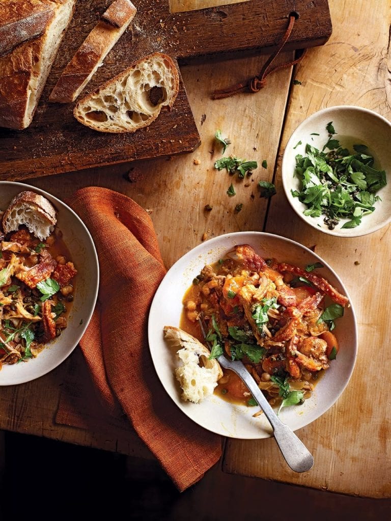 Pork shoulder and chorizo stew with sherry, crackling and capers