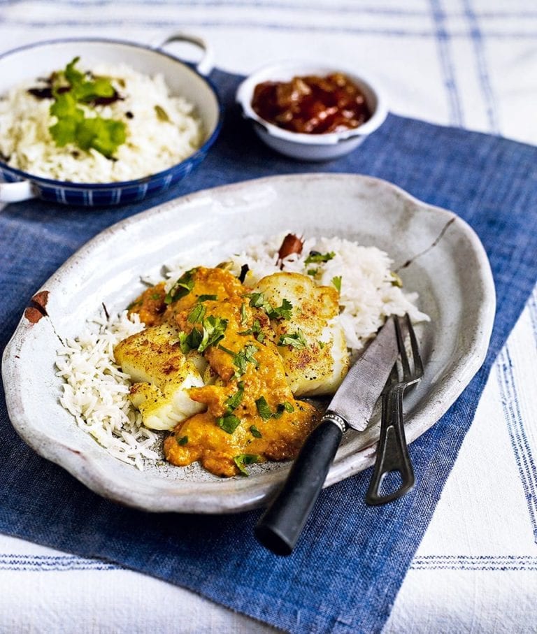 Roast cod with coconut curry sauce