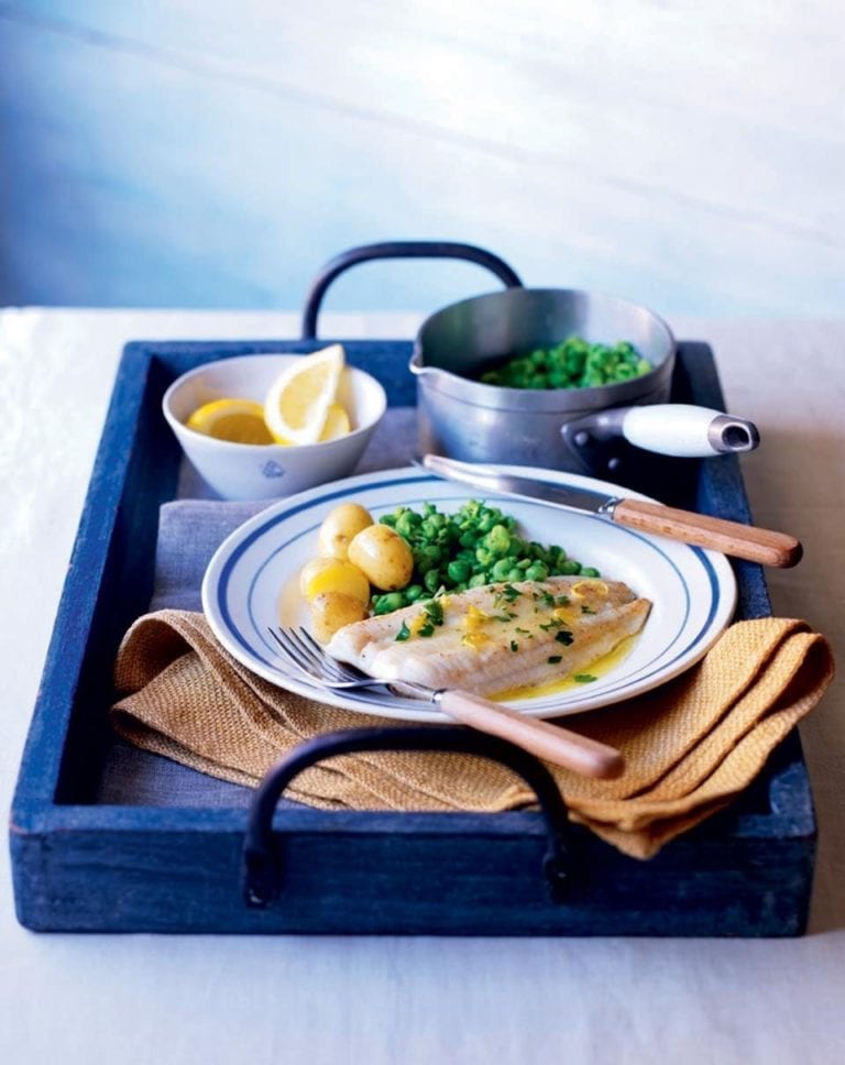 Lemon sole with lemon butter and peas