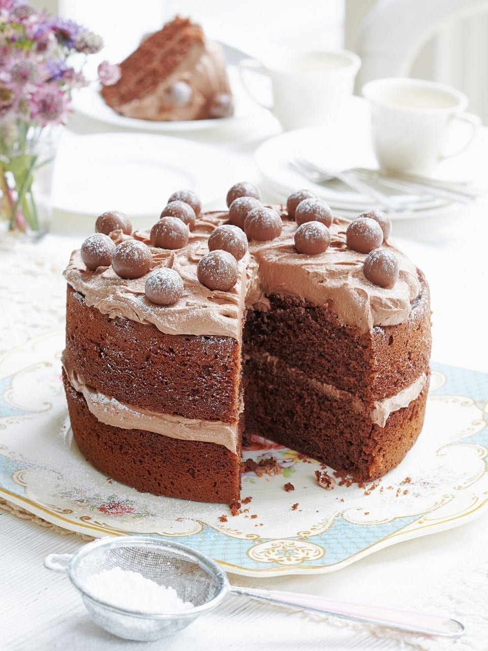 Malted chocolate cake  recipe topped with Maltesers 