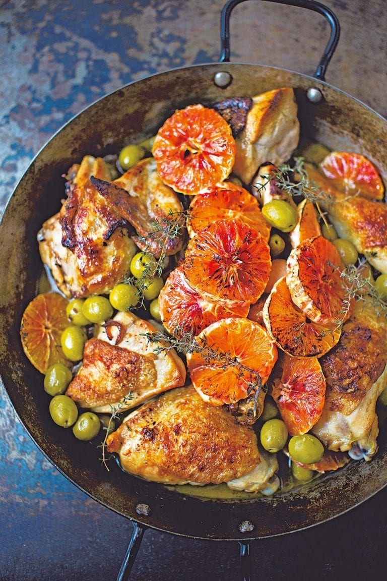 Diana Henry’s chicken with marsala, olives and blood oranges