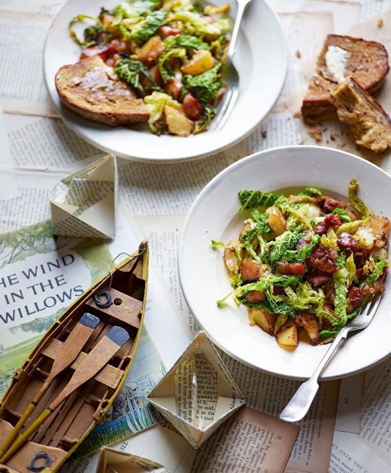 Bubble and squeak with buttered toast