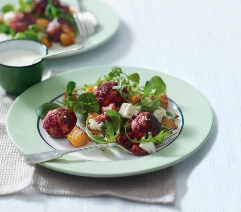 Chicken and beetroot meatball salad