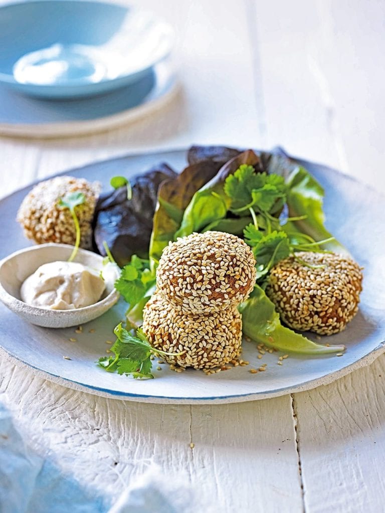 Sunflower seed falafel balls with tahini sauce