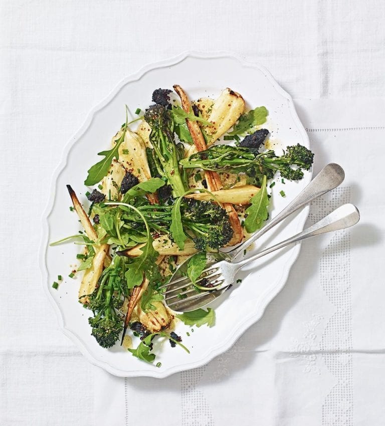 Roast purple sprouting broccoli, black pudding and parsnip salad