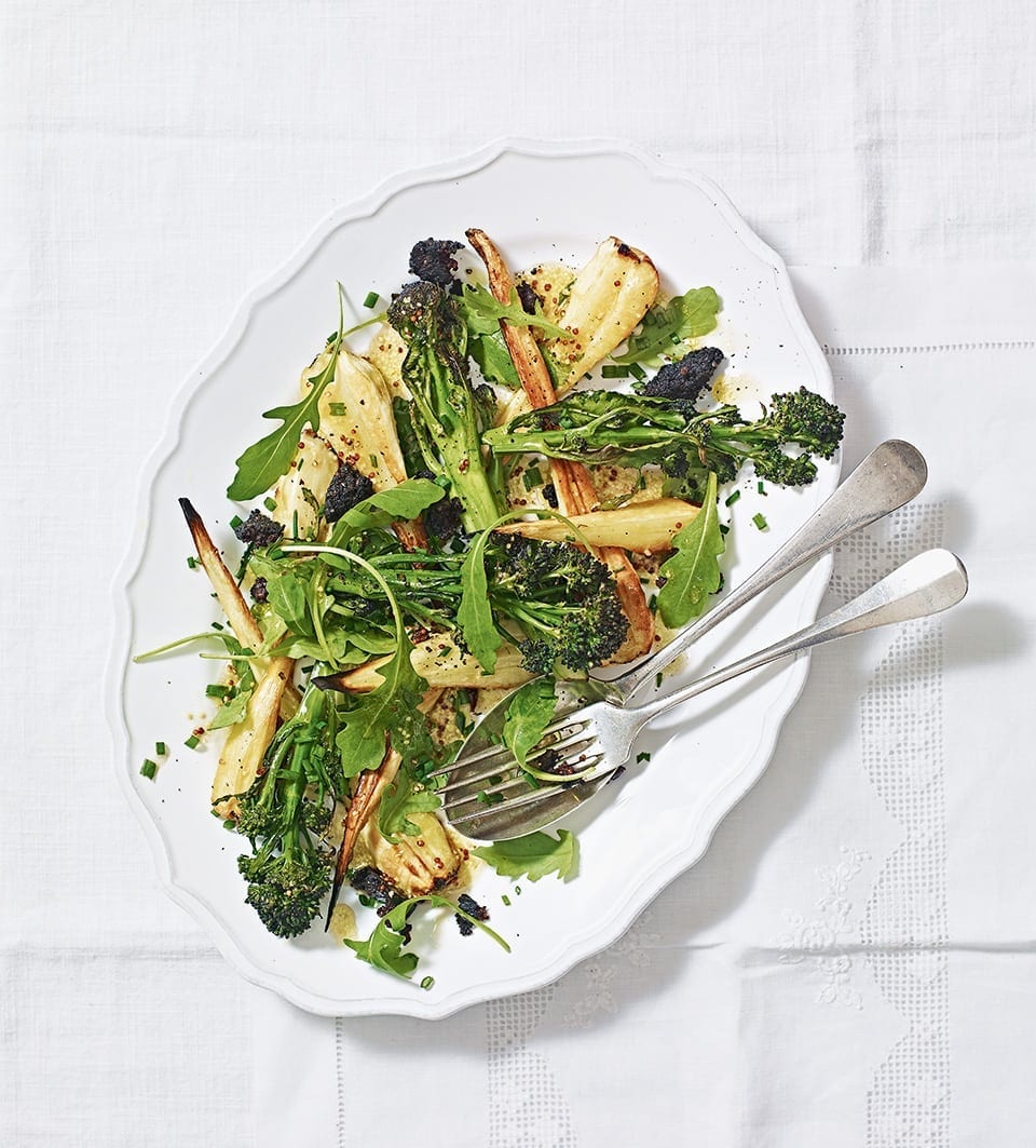 image of Roast Purple Sprouting Broccoli, Black Pudding and Parsnip Salad recipe by Delicious Magazine