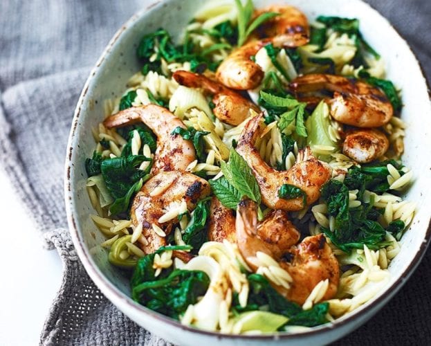 Spinach and orzo pilaf with paprika prawns