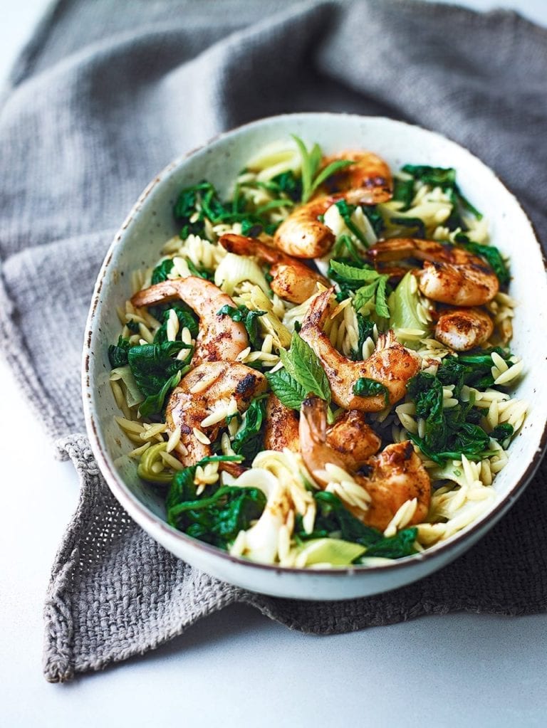Spinach and orzo pilaf with paprika prawns