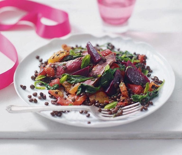 Steak, beetroot and Puy lentil salad with roasted peppers