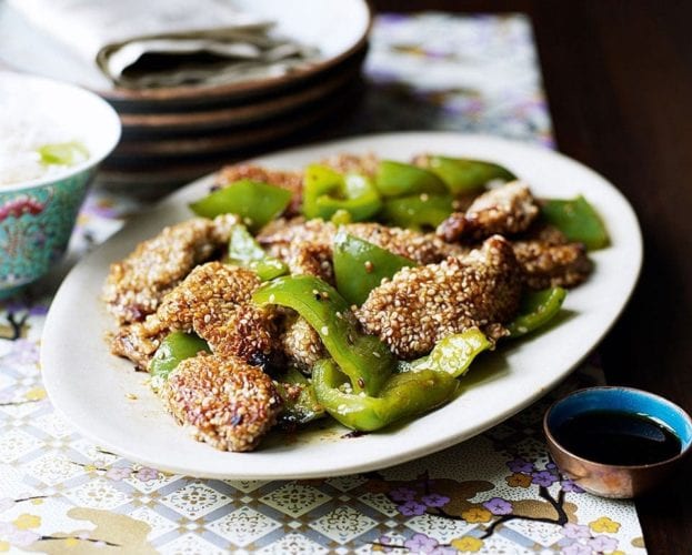 Stir-fried garlic chilli beef and ong choi