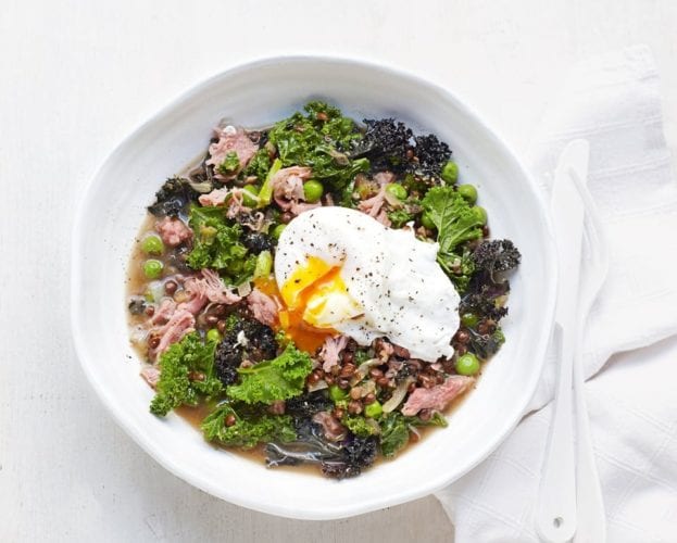 Lentils, ham hock and kale with poached eggs