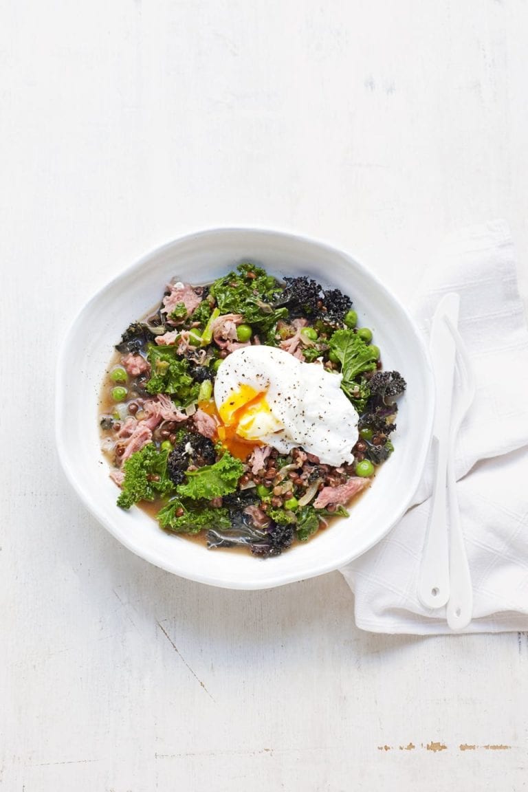 Lentils, ham hock and kale with poached eggs