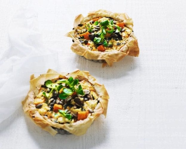 Pumpkin, kale and feta filo pies