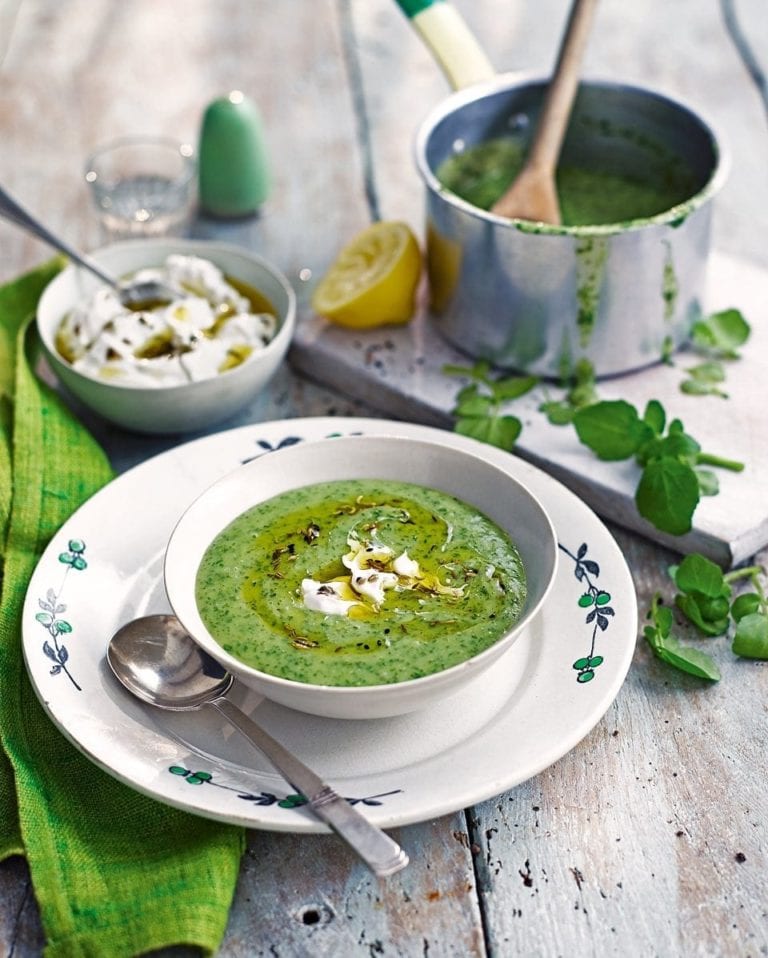 Watercress soup with labneh and spiced oil