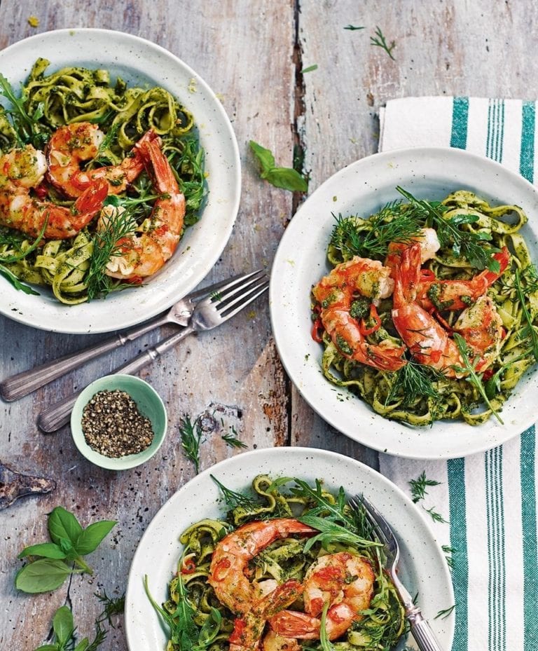 King prawn and herb-and-almond pesto pasta