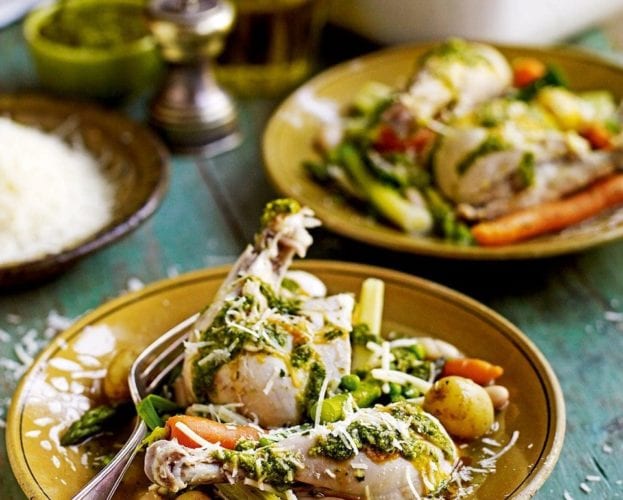 Poached chicken with summer vegetables and chive butter sauce