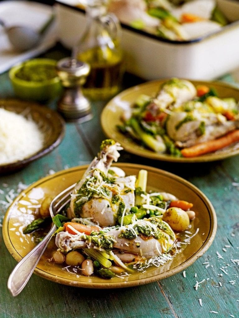 Poached chicken with spring vegetables and pistou