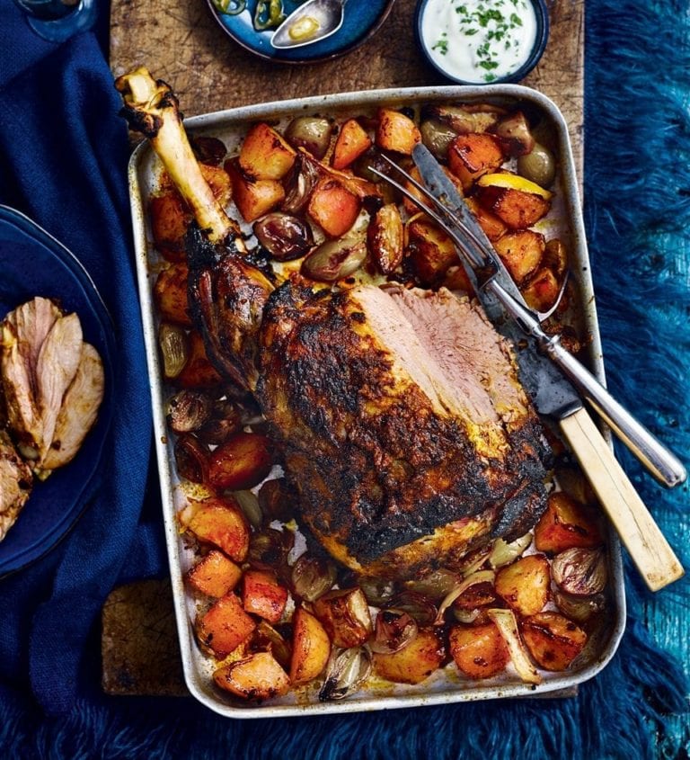 Spiced leg of lamb with lemon-roast potatoes